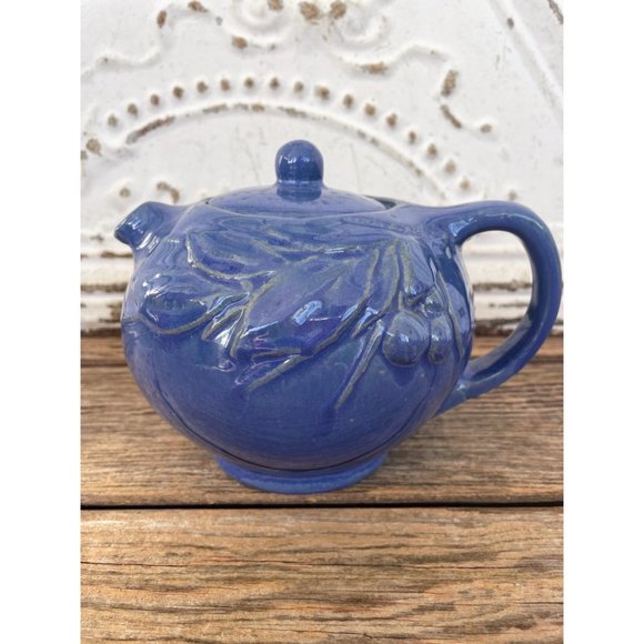 Antique 1930s Blue Glaze stoneware pottery Small Teapot Cherry Leaves